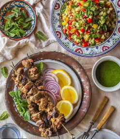 Grilled kabob platter with salad